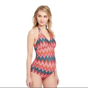 Beach Bump by Motherhood Maternity Swimsuit Women's‎ Size L Zig Zag Chevron Pink